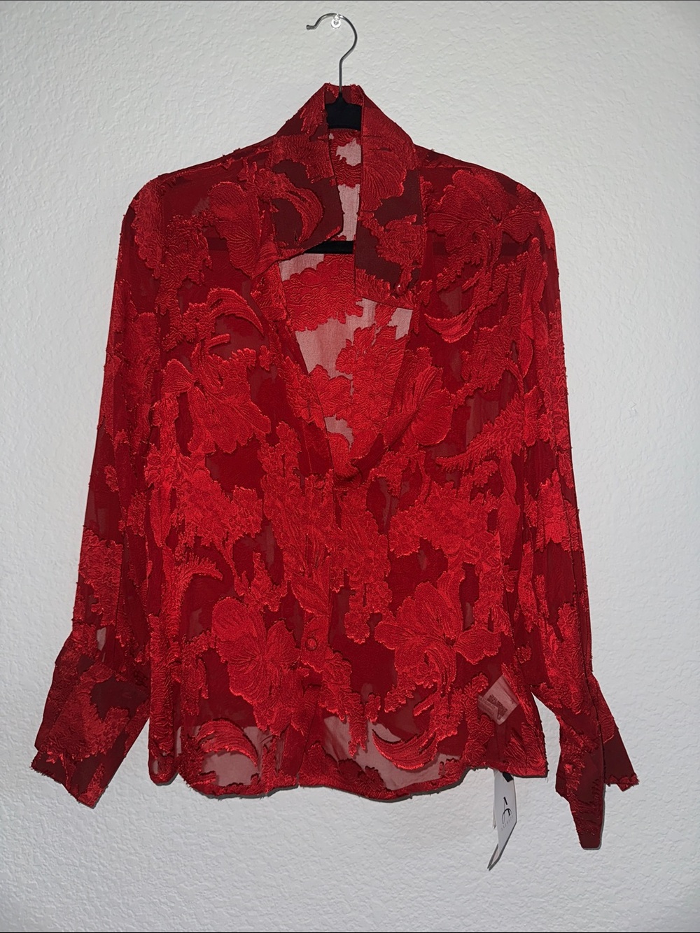 SHEIN Red Floral Lace Sheer Blouse